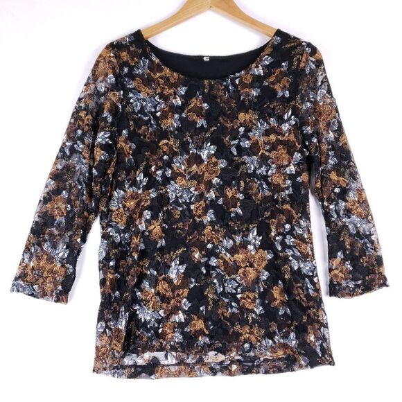 Topson Floral Lace Top 3/4 Sleeve Metallic Bronze Romanticcore Artcore Glam‎ L - Picture 1 of 7